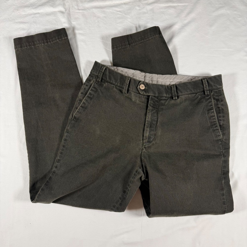 Hiltl Mens 32x30 Dante Black Green Flat Front Slim Chino Pants German Designer